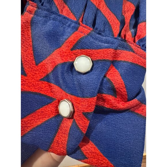 VTG 70s Red & Blue Abstract MCM Print Long Sleeve Blouse Pocket & Lapel Collar - Picture 9 of 10